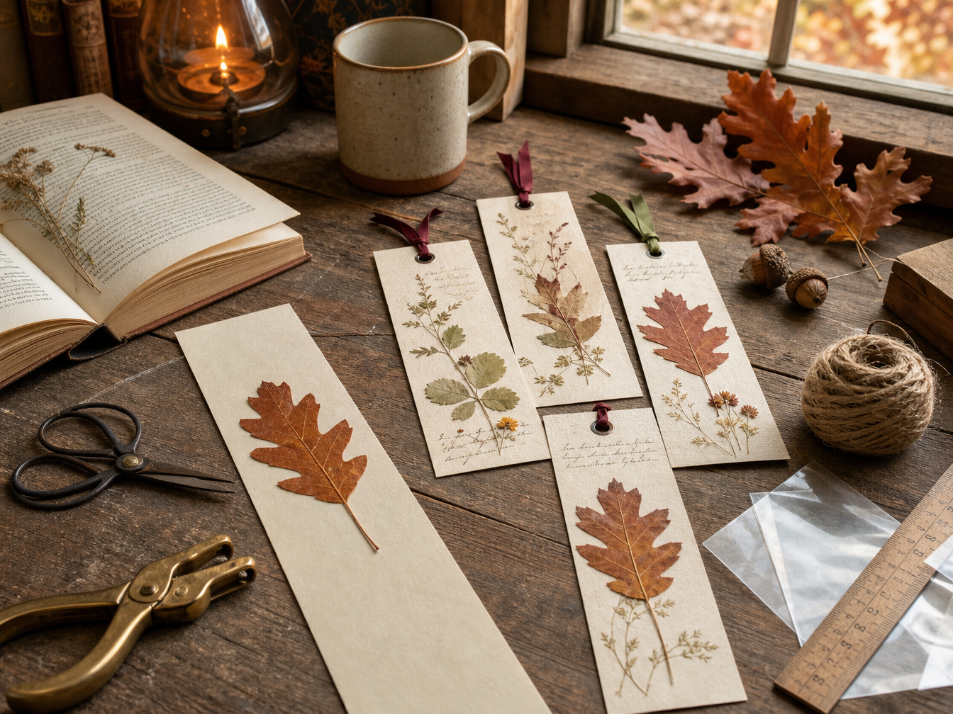 Handmade botanical bookmarks decorated with pressed fern fronds and leaves on textured paper.