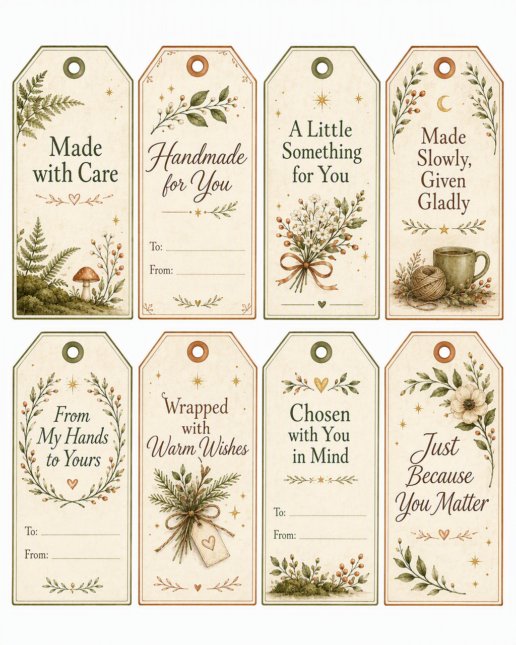 A printable sheet of eight botanical gift tags with thoughtful messages