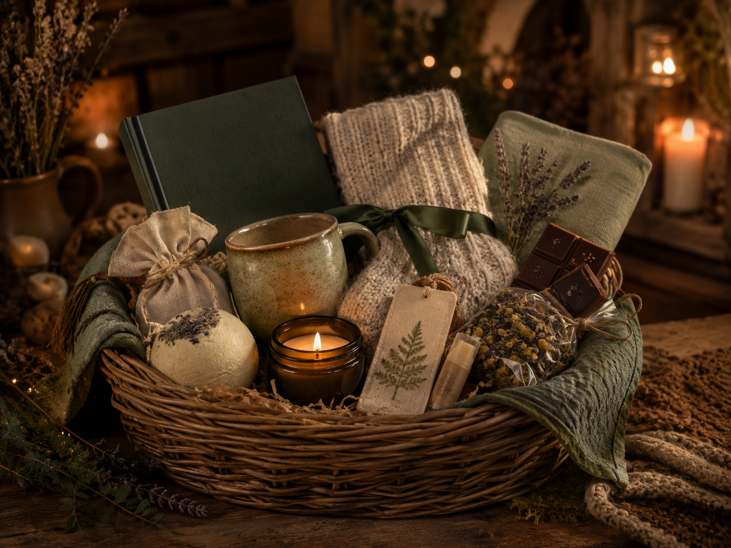 A wicker gift hamper filled with a book, warm socks, a mug, herbal tea, chocolate, a candle and small comforting treats.
