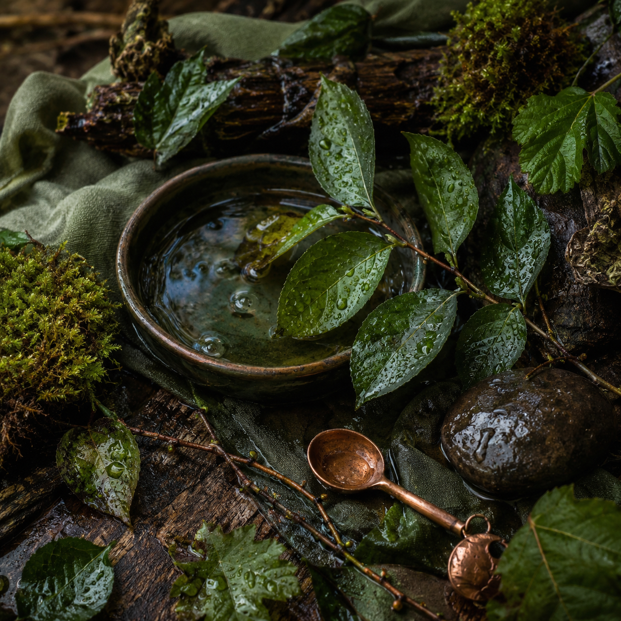 A rain-washed wildcraft still life with wet green leaves, rainwater, moss, bark, a smooth stone, deep green cloth, and a copper spoon