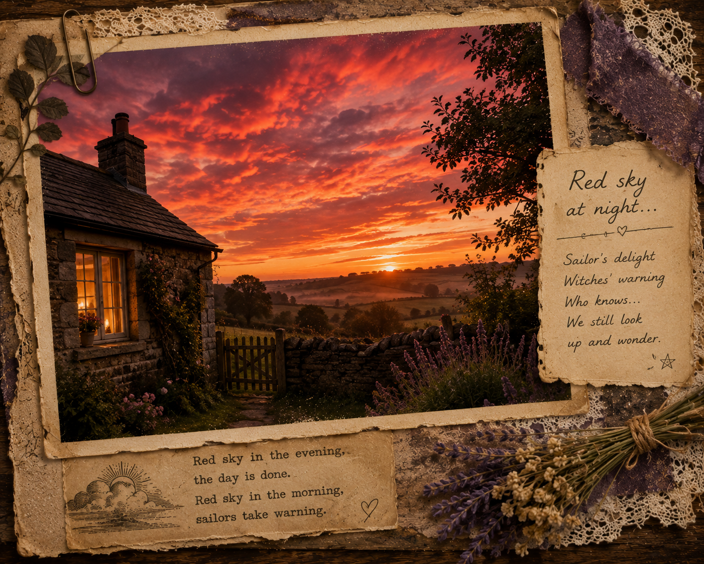A vivid red sunset glowing above a cottage and countryside.