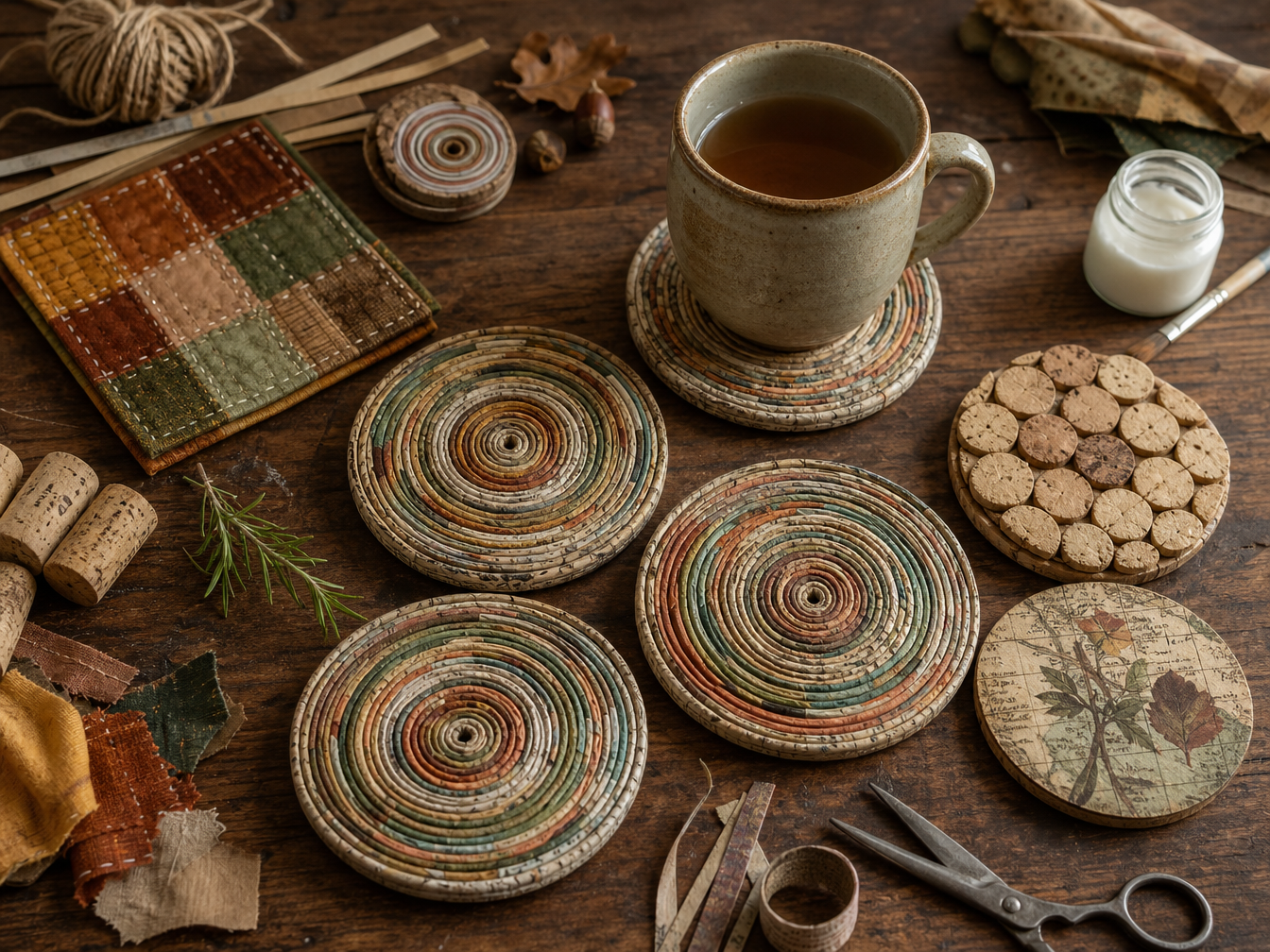 Handmade rolled-paper coasters made from tightly coiled recycled paper in muted autumn colours.