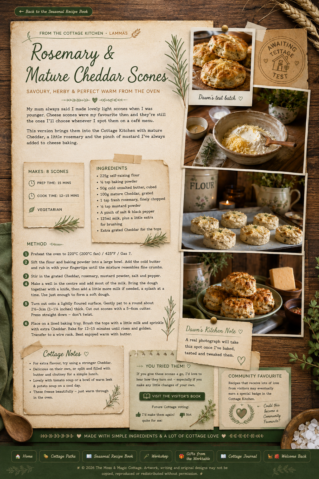 Rosemary and Mature Cheddar Scones recipe page from the Moss and Magic Cottage Seasonal Recipe Book, with ingredients, method, cottage notes and warm Lammas kitchen photographs.