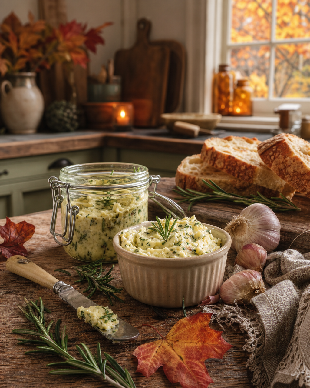Homemade rosemary and garlic butter in a jar and ramekin beside bread in an autumn kitchen