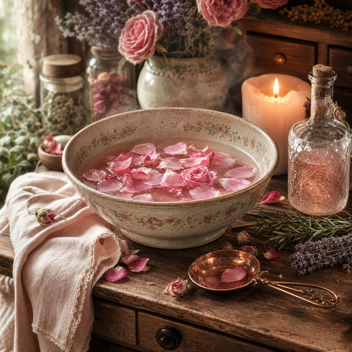 A soft cottage apothecary still life with a bowl of rosewater, rose petals, a glass bottle, candle, cloth, lavender, rosemary, and copper spoon
