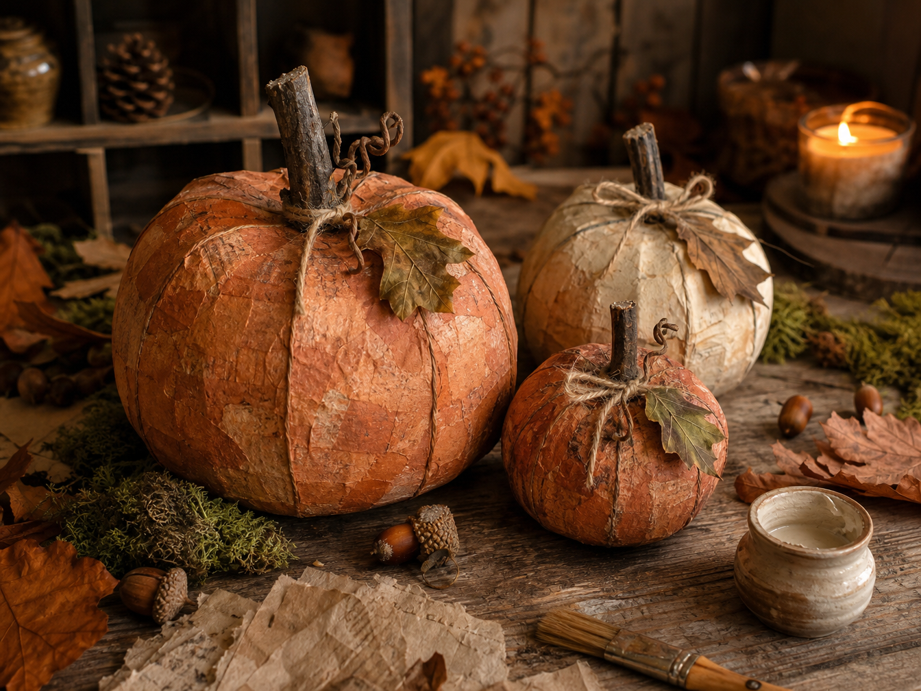 Rustic handmade papier-mâché pumpkins decorated with natural twigs, twine and autumn leaves.