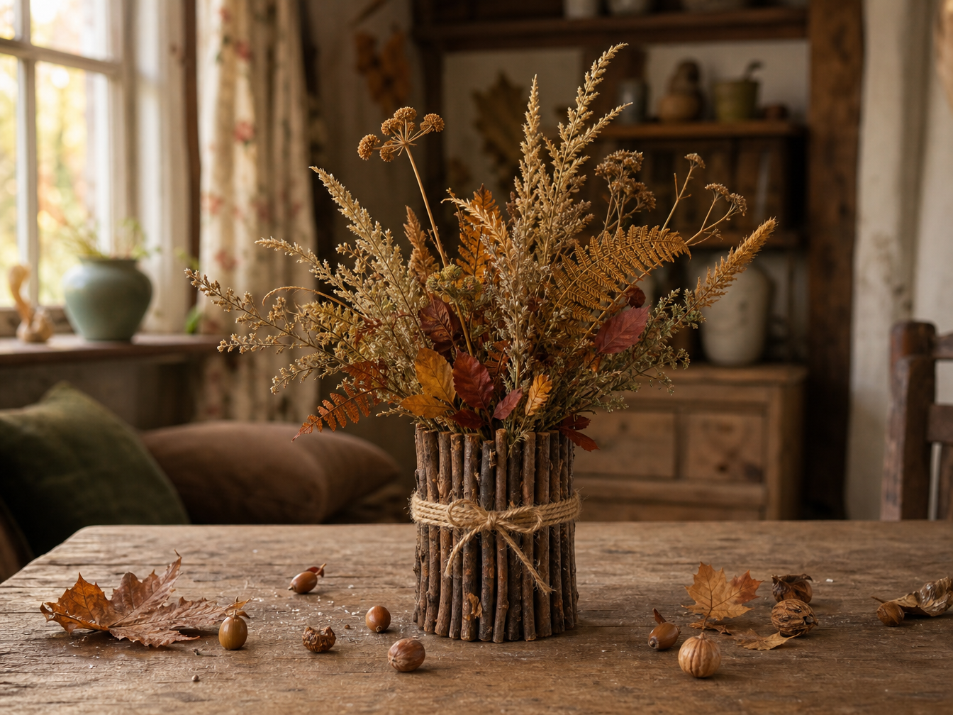 A handmade rustic vase covered with small fallen twigs and tied with natural twine, filled with dried autumn grasses, leaves, ferns and seed heads.