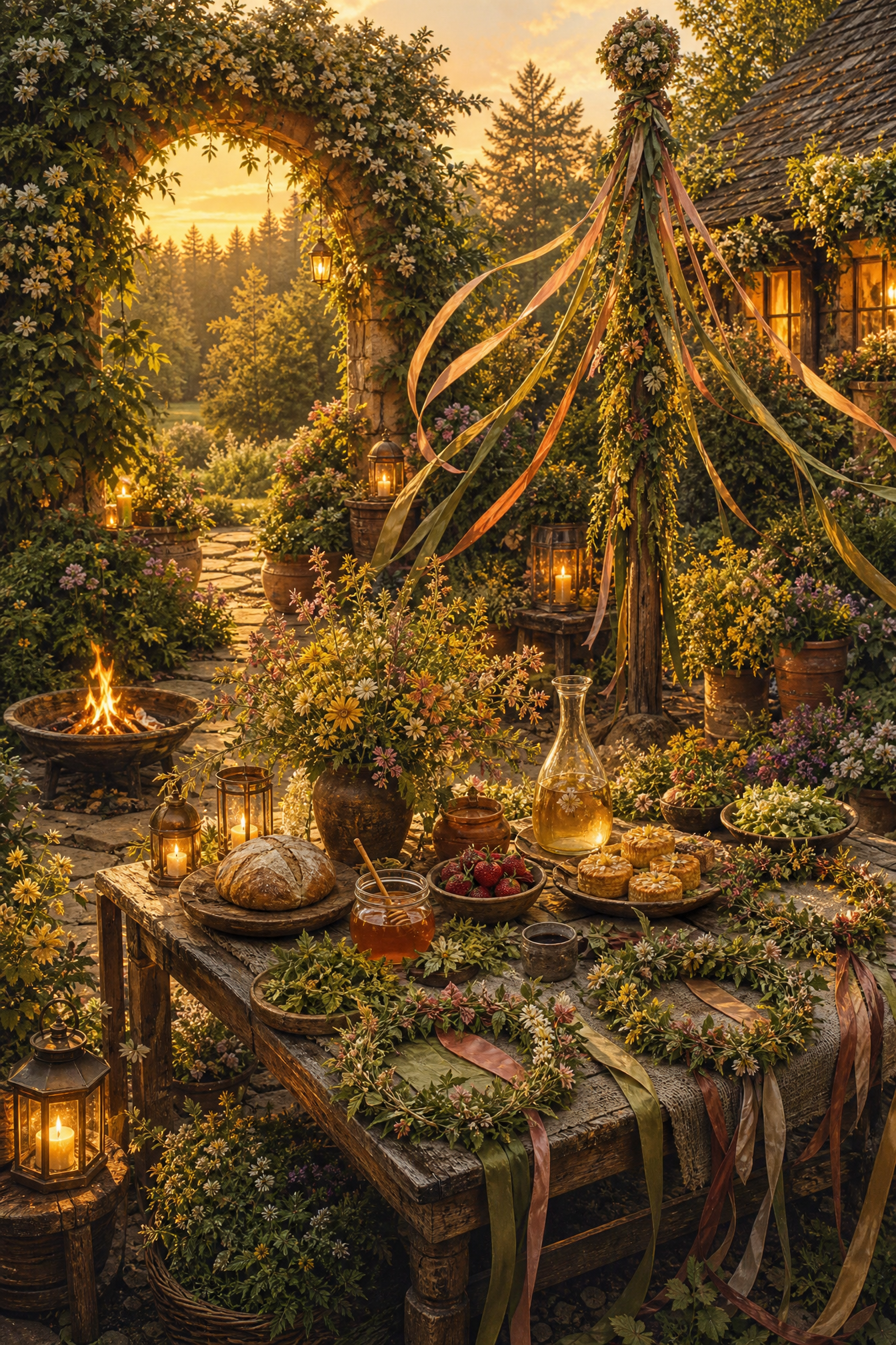 A joyful Beltane celebration in the Cottage garden with ribbons, flowers, firelight and a seasonal table