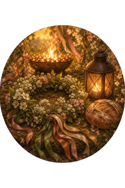 Flower crown, ribbons, lantern and bread for Beltane