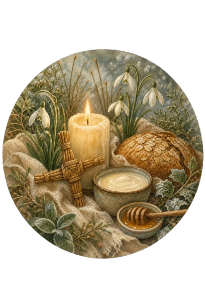 Candle, snowdrops, oat bread and Brigid’s cross for Imbolc