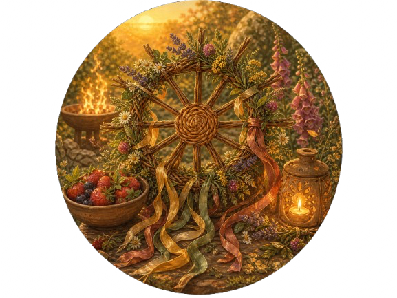 Sun wheel, summer flowers and golden light for Litha