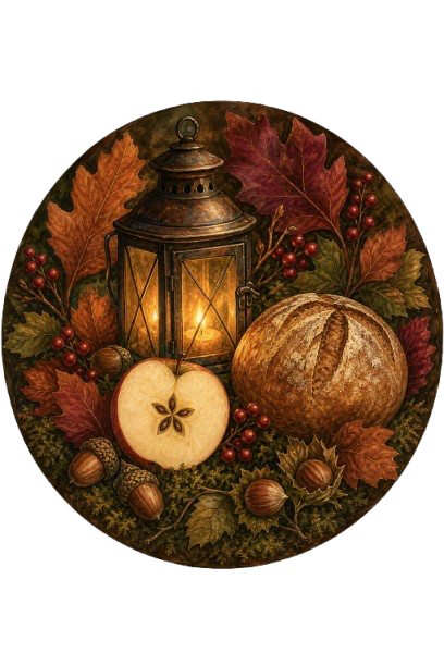 Lantern, harvest bread and apple for Mabon