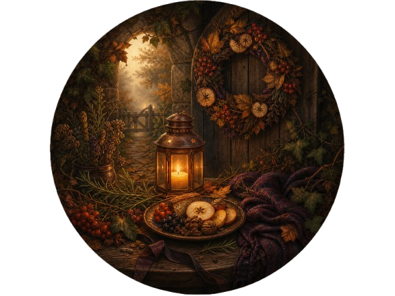 Lantern, remembrance offering and autumn herbs for Samhain