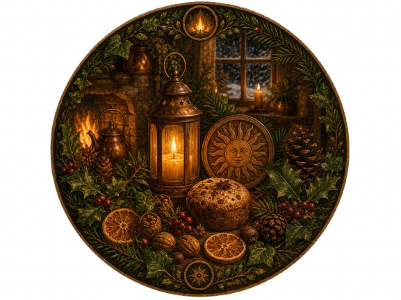 Candlelight, evergreen and winter symbols for Yule