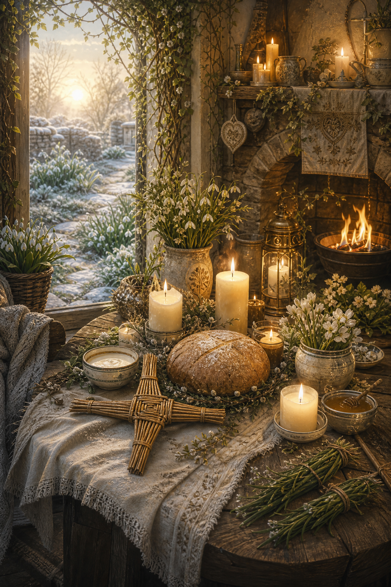 A warm Imbolc table with snowdrops, candles, bread and a woven Brigid’s cross