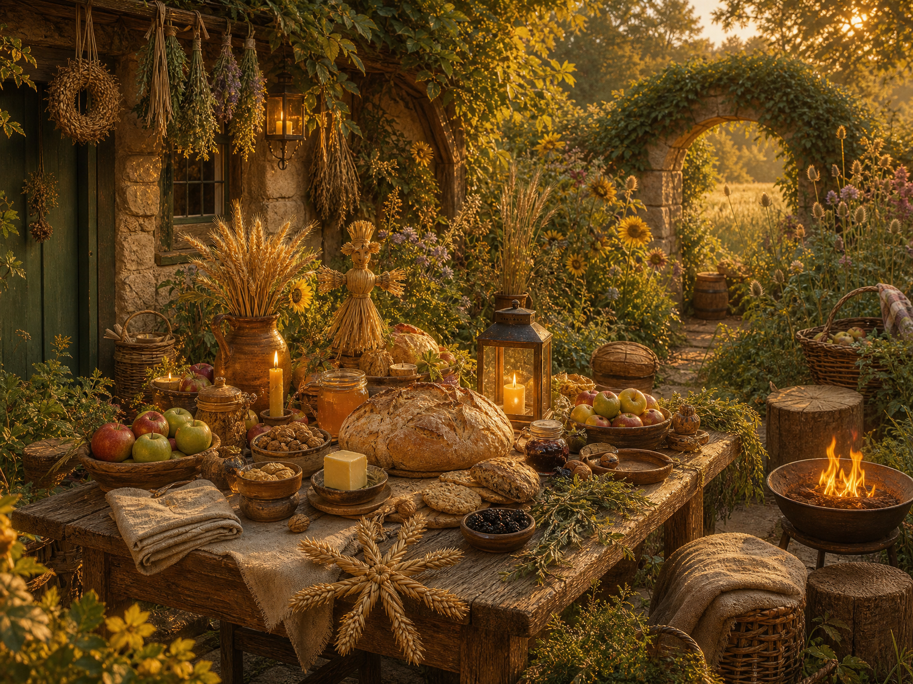 A warm Lammas celebration in the Cottage garden with bread, grain, apples, lanterns and a first-harvest table