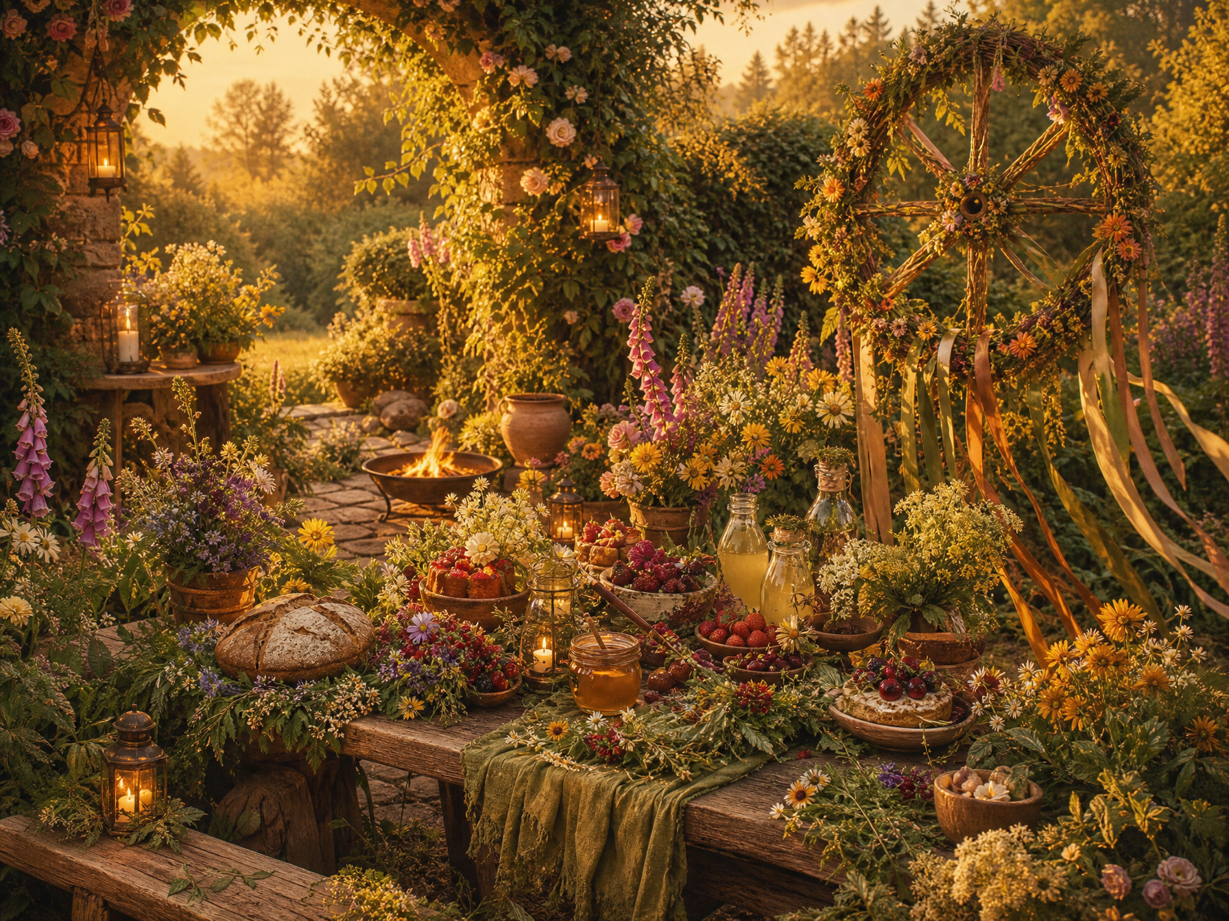 A glowing Litha celebration in the Cottage garden with summer flowers, a sun wheel, firelight and a seasonal table