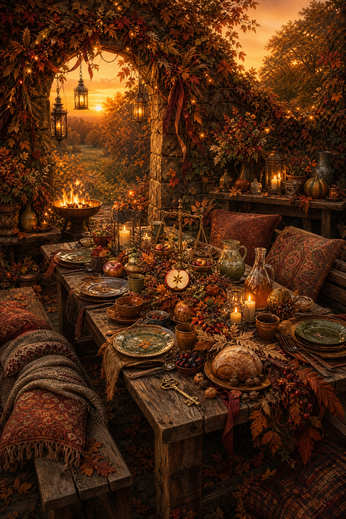 A warmly decorated Mabon harvest celebration beneath an autumn stone arch