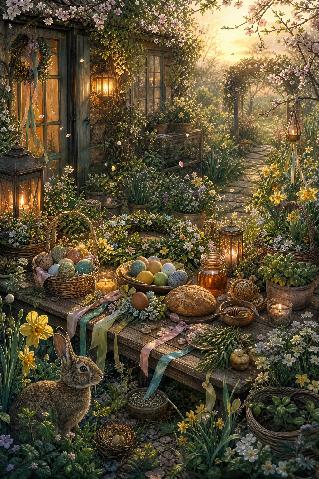 An Ostara celebration in the blossoming Cottage garden with naturally dyed eggs, bread, flowers and a hare
