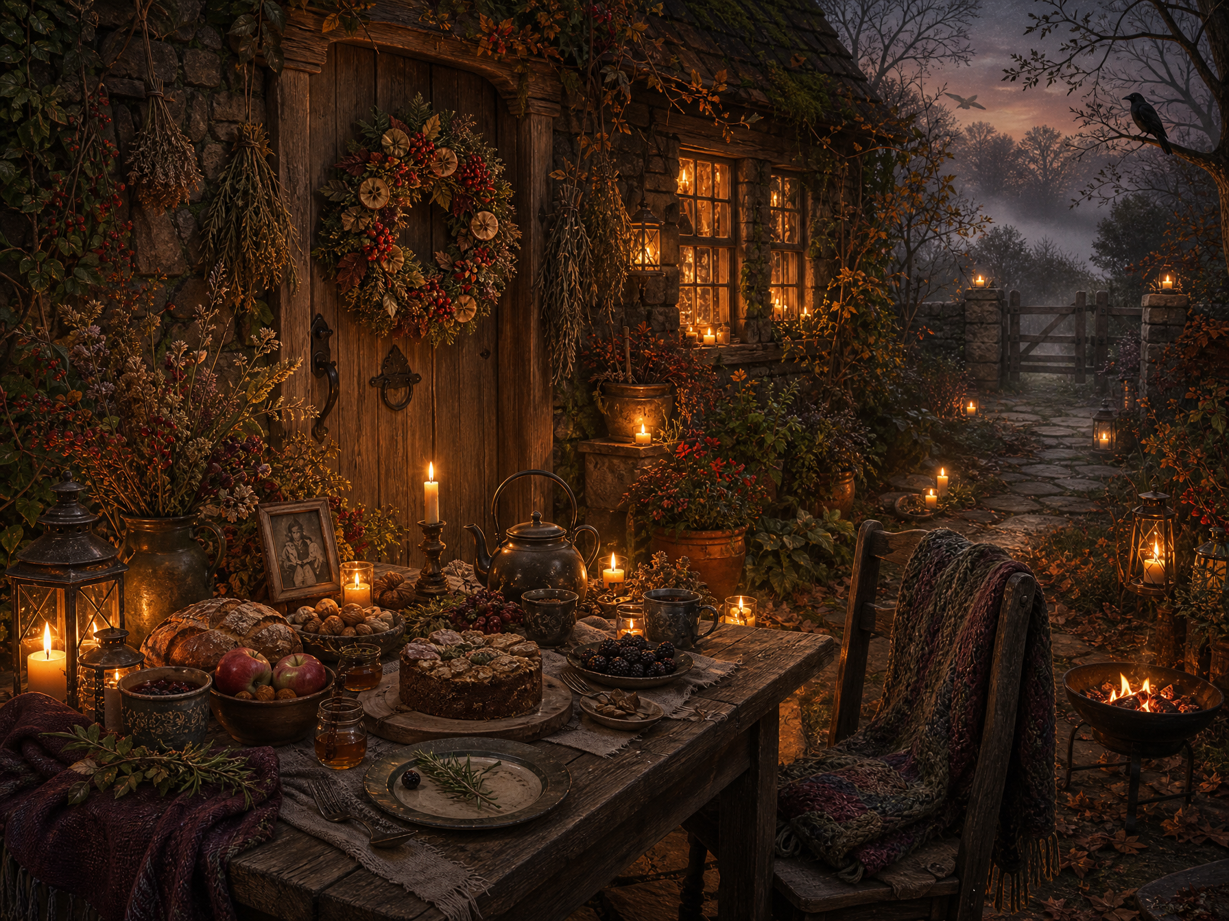 A quiet Samhain gathering at the Cottage door with lanterns, remembrance offerings, firelight and a misty autumn path