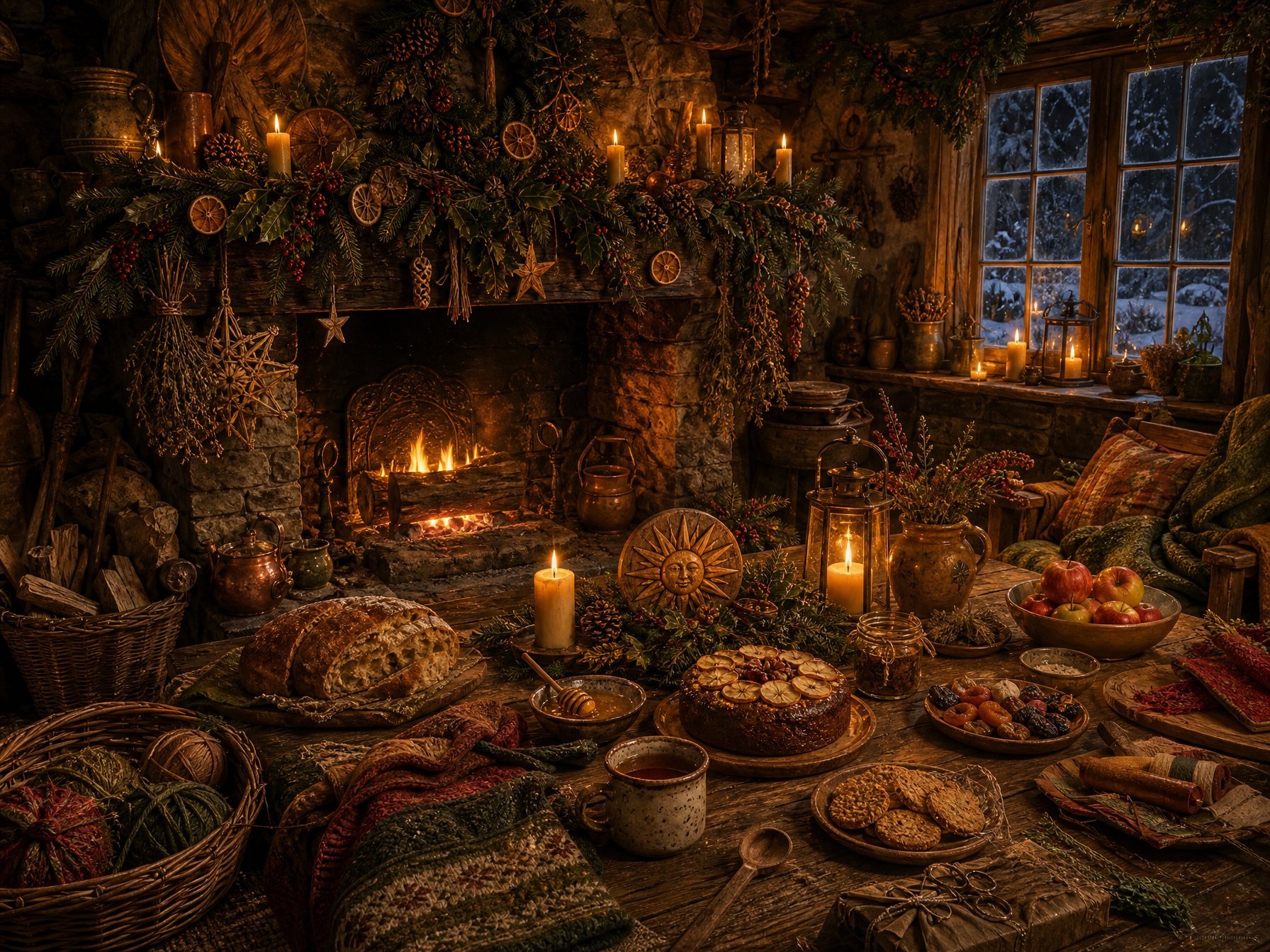 A cosy Yule celebration inside the Cottage with a glowing hearth, evergreen garlands, handmade decorations and a winter feast