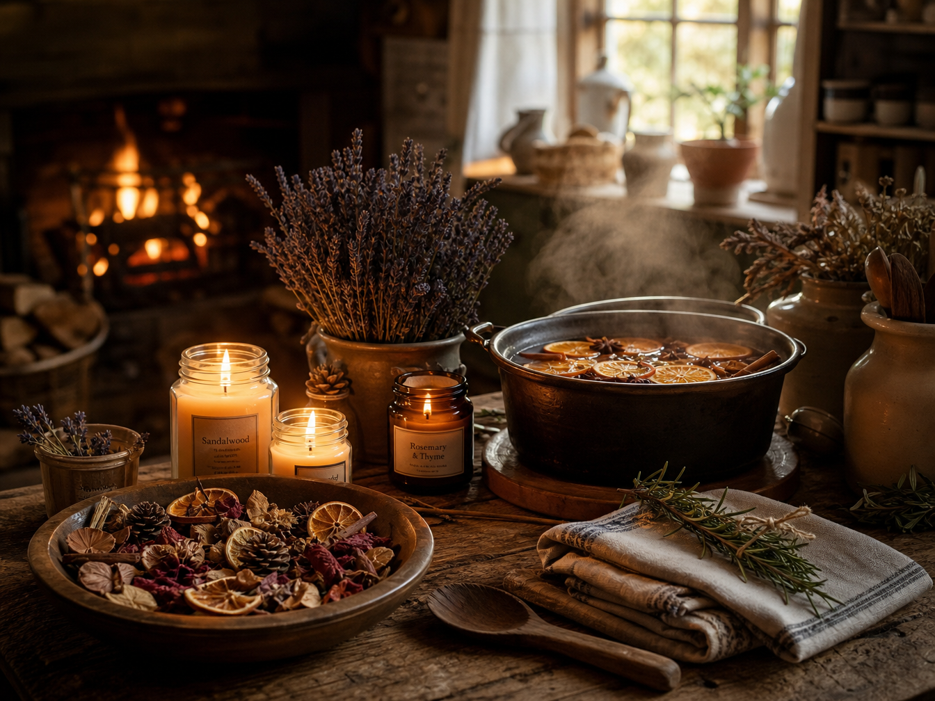 A warm cottage table with potpourri, candles, lavender and a steaming simmer pot