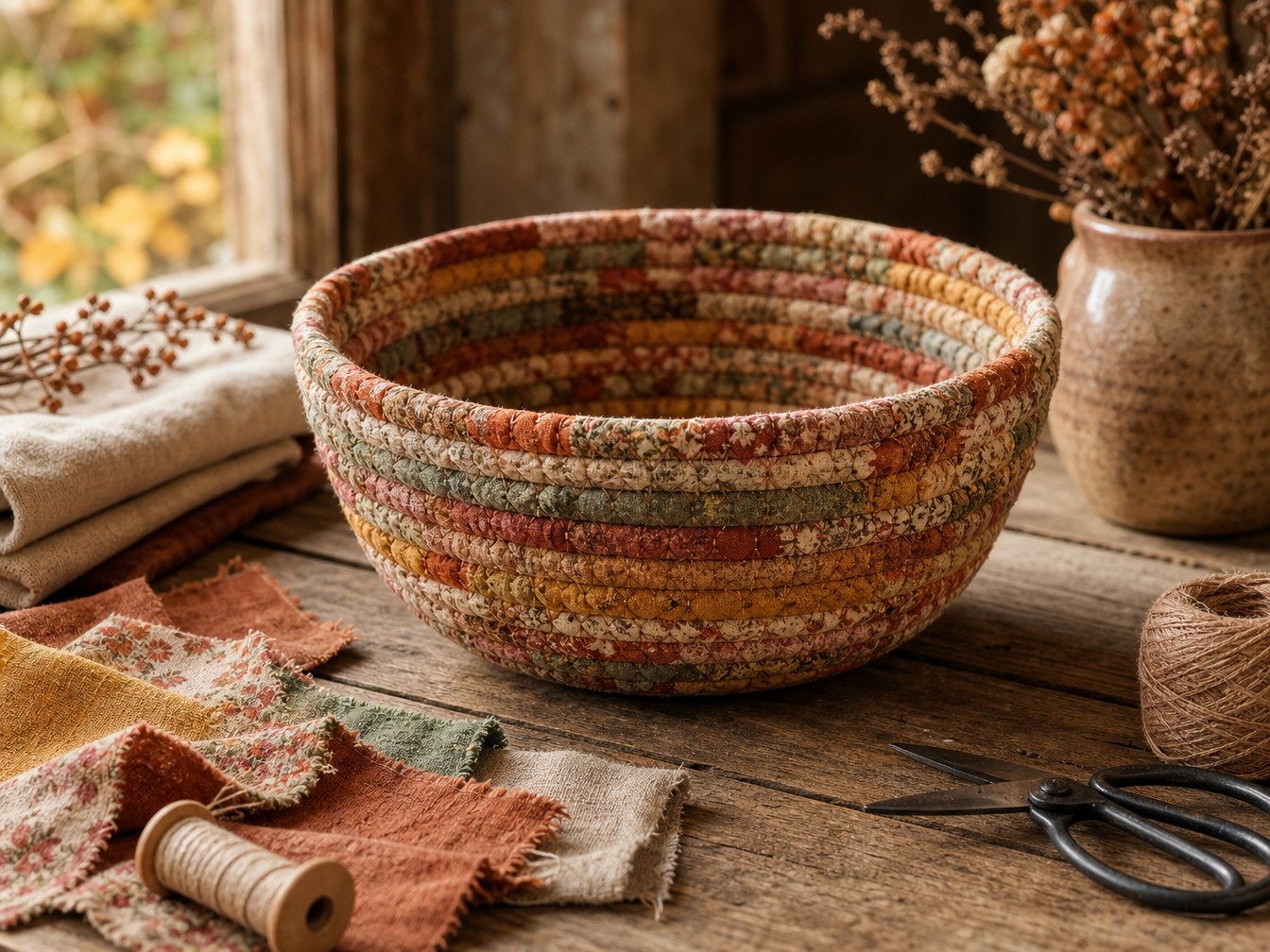 A rustic handmade coiled bowl made from autumn-coloured scrap fabric on a wooden cottage worktable.