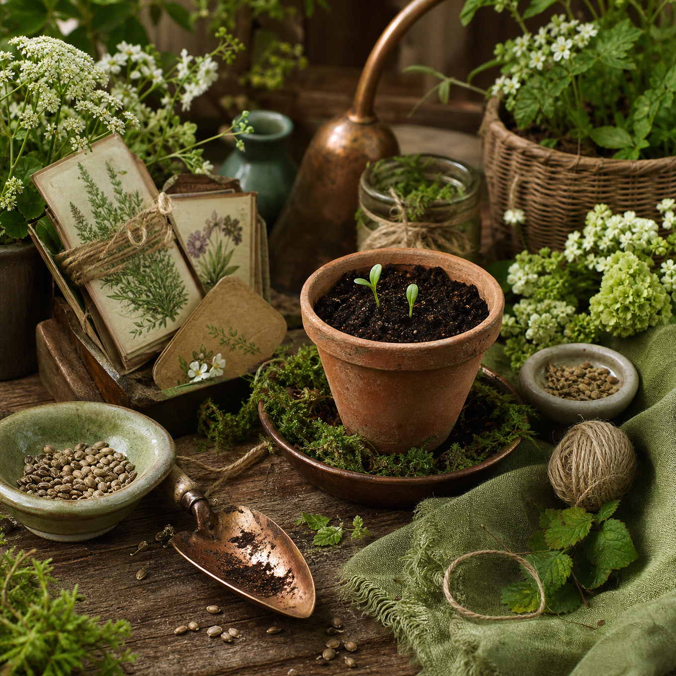 A garden still life with a tiny terracotta pot, new green shoots, seeds, mossy cloth, and copper tools on a rustic potting bench