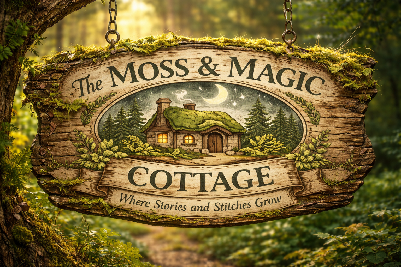 The Moss and Magic Cottage sign hanging beside a woodland path