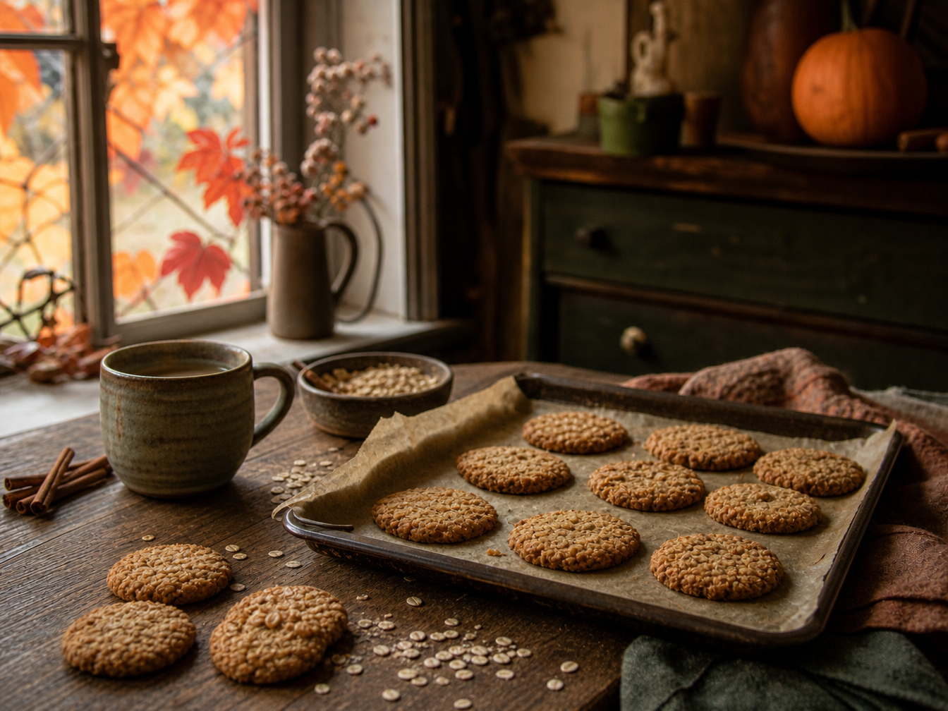 Freshly baked spiced oat biscuits on a tray in a cosy autumn cottage kitchen.
