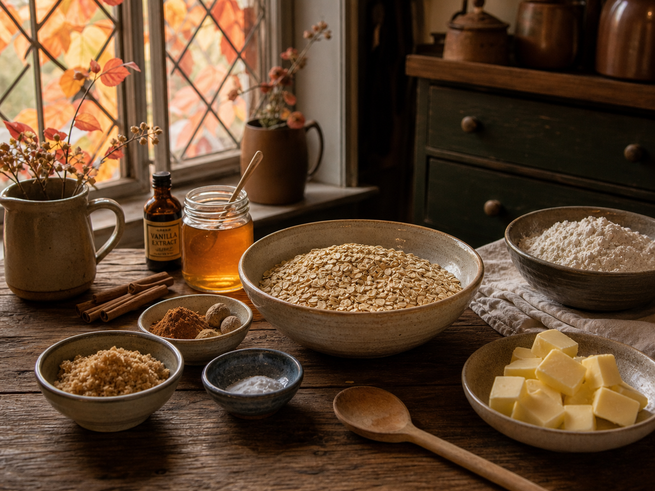 Ingredients for spiced oat biscuits laid out in a warm autumn cottage kitchen.
