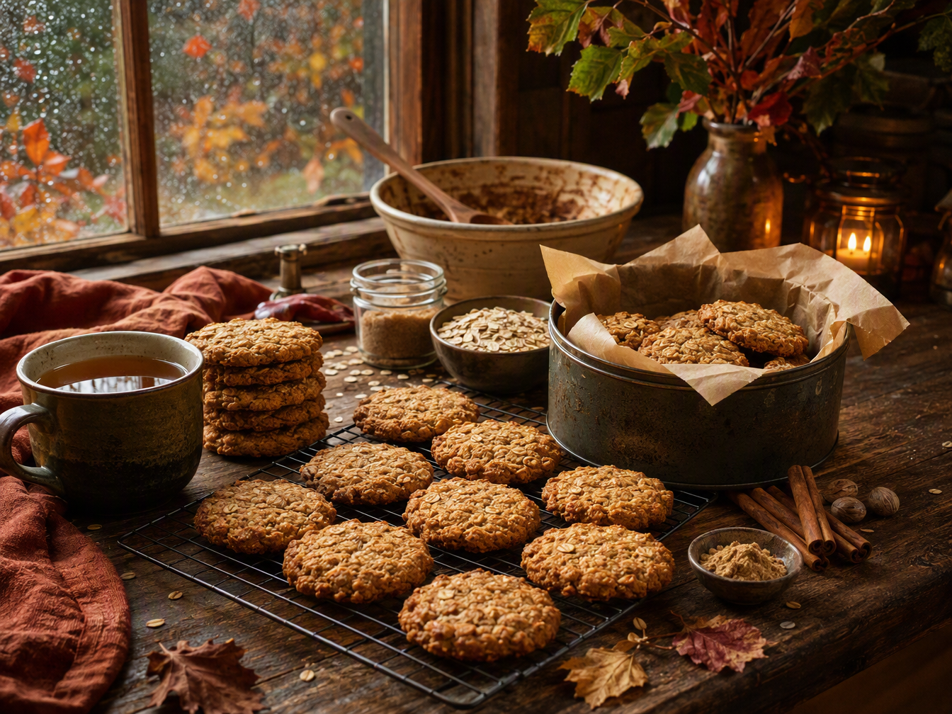 Golden homemade spiced oat biscuits beside tea, oats, cinnamon and simple gift packaging on an autumn cottage table.