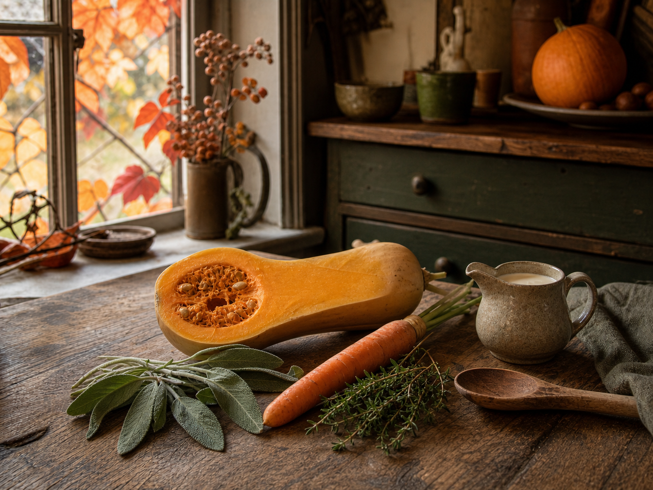 Butternut squash, fresh sage and autumn soup ingredients arranged on a wooden cottage kitchen table.