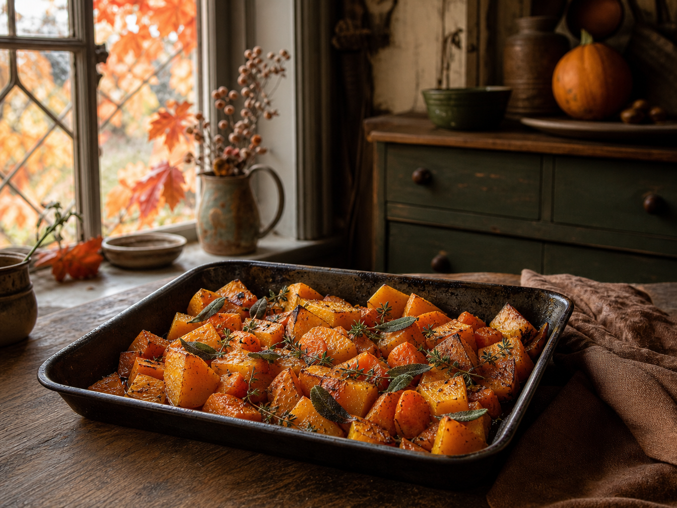 Chunks of butternut squash and carrot roasting with herbs on a rustic baking tray.