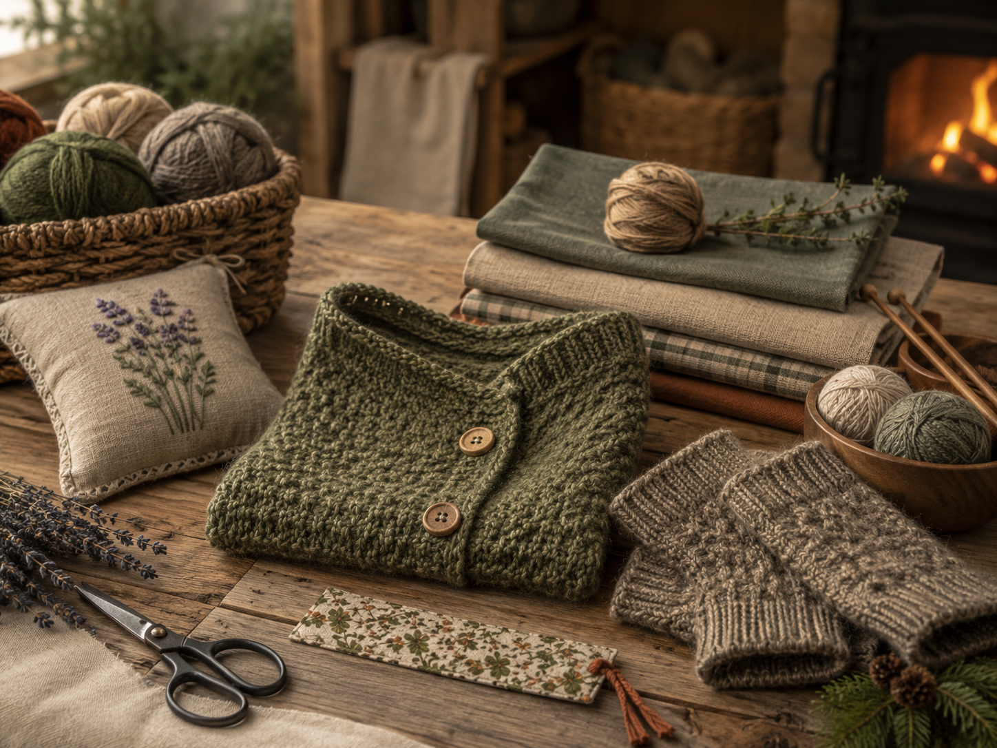 A cosy collection of handmade stitched and knitted gifts, including a neck warmer, yarn, fabrics and soft accessories on a rustic table.
