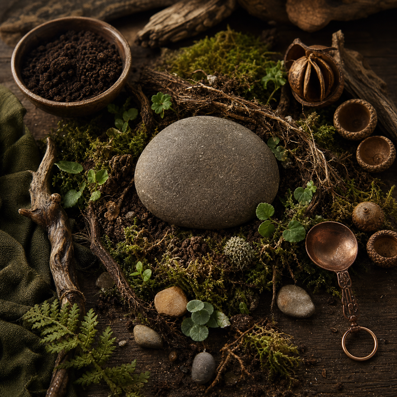 An earth element still life with a grounding stone, moss, roots, dark soil, leaves, seed pods, copper spoon, and deep green cloth