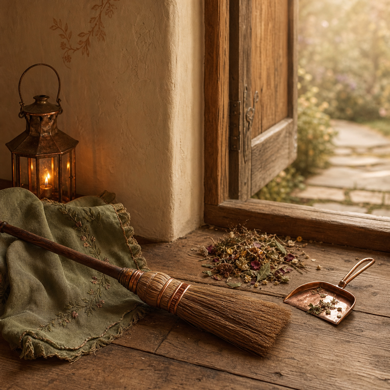 A besom beside an open cottage doorway with a small swept pile of herbs and a copper dustpan