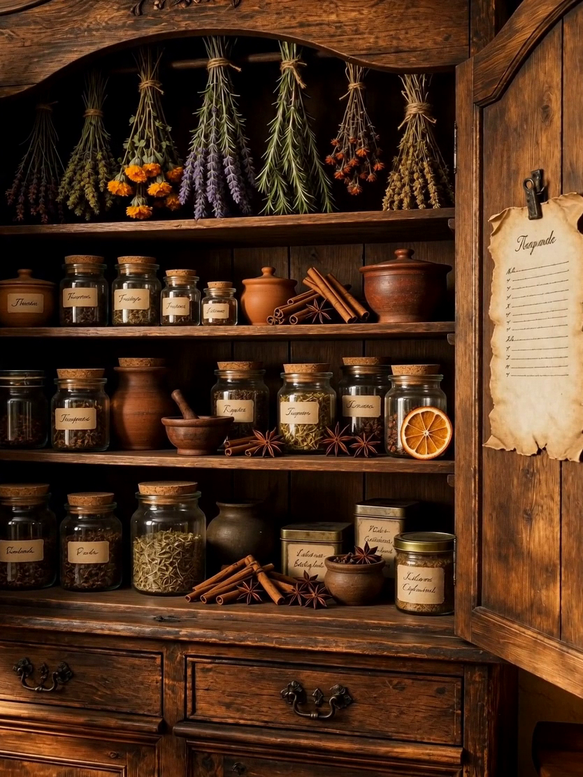 An old wooden tea cupboard opened to reveal shelves filled with herbs, spices, flowers and jars.