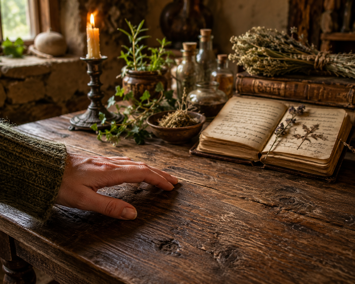 A hand resting upon the worn surface of an old wooden cottage table.