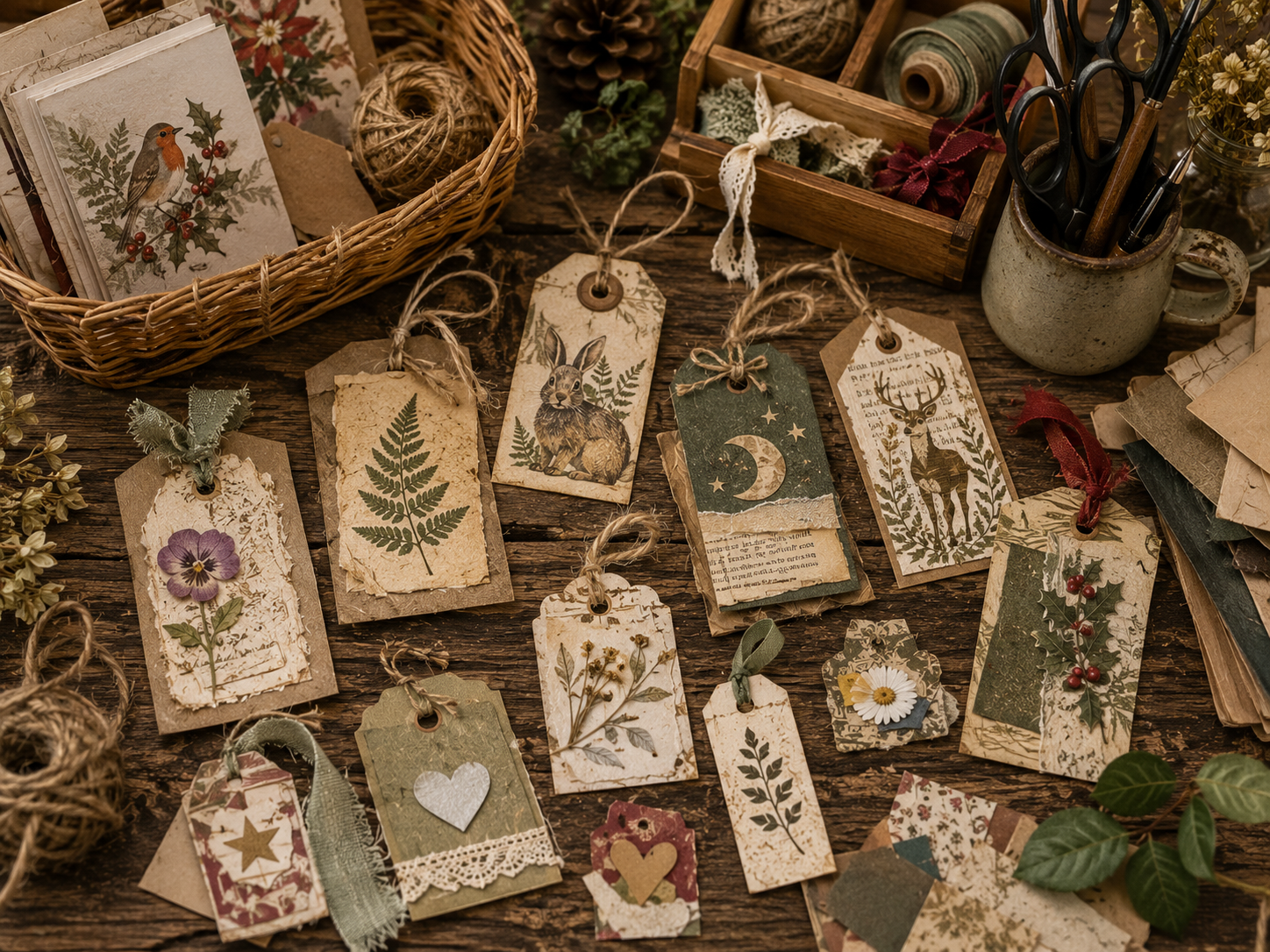 Handmade gift tags created from old greeting cards, recycled card, ribbon, twine and botanical scraps.