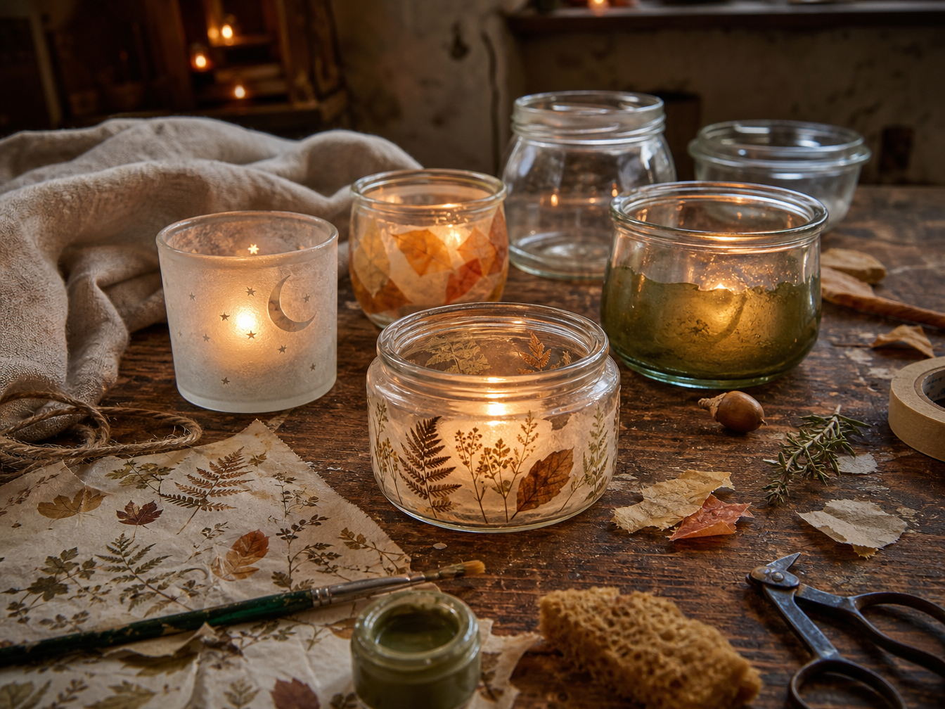 Mismatched rescued glass jars transformed into softly glowing handmade candle holders with botanical, frosted and painted finishes.