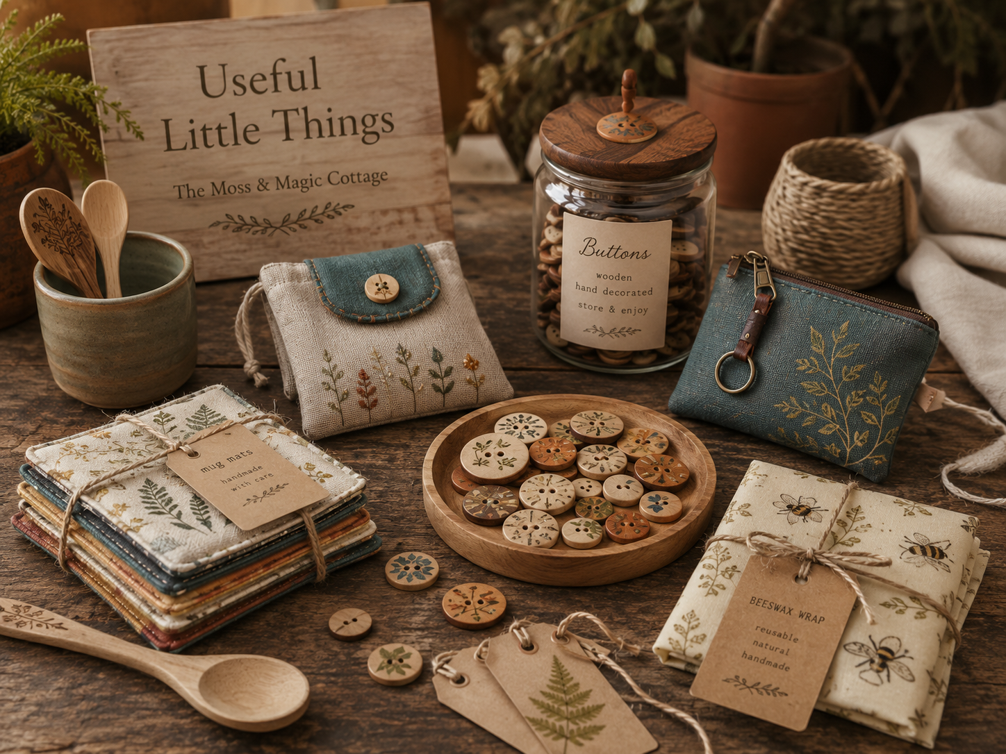 A collection of practical handmade gifts including decorated buttons, fabric coasters, pouches, tags and reusable wraps on a rustic worktable.