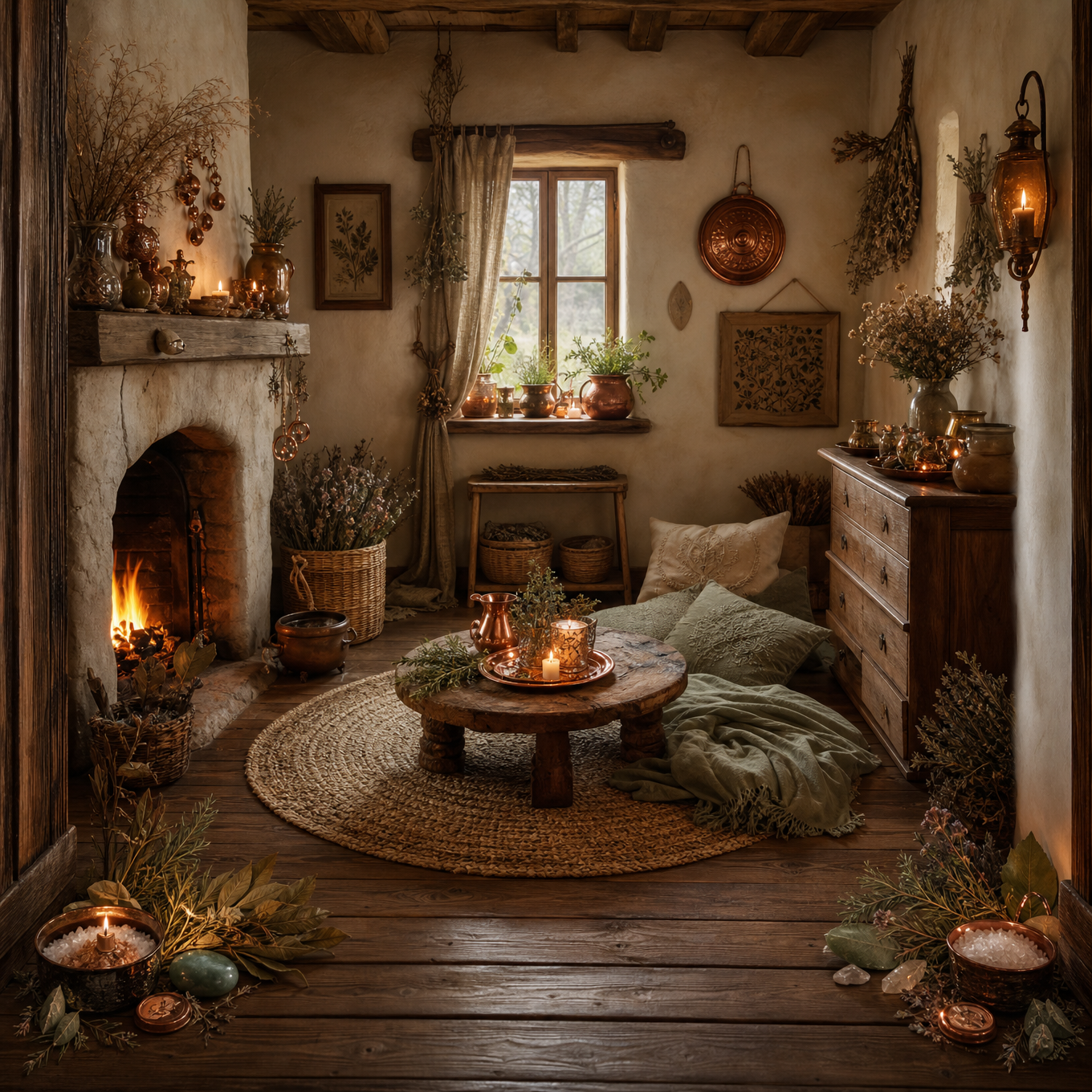 A cosy cottage room protected with small charms, herbs, candles, and bowls placed in the four corners