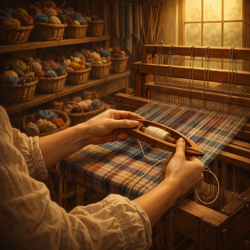 Hands passing a shuttle through the threads of a wooden loom as woven cloth begins to form