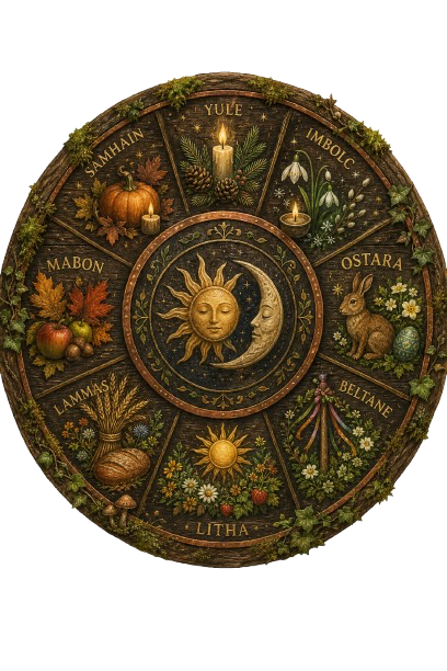 A carved wooden Wheel of the Year plaque