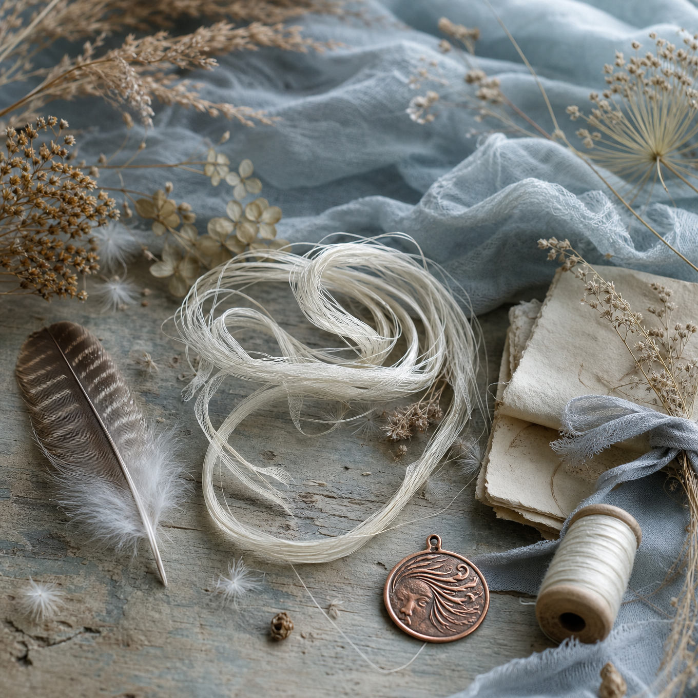 An airy still life with pale thread, feather, dried flowers, paper, and a copper charm in soft blue tones