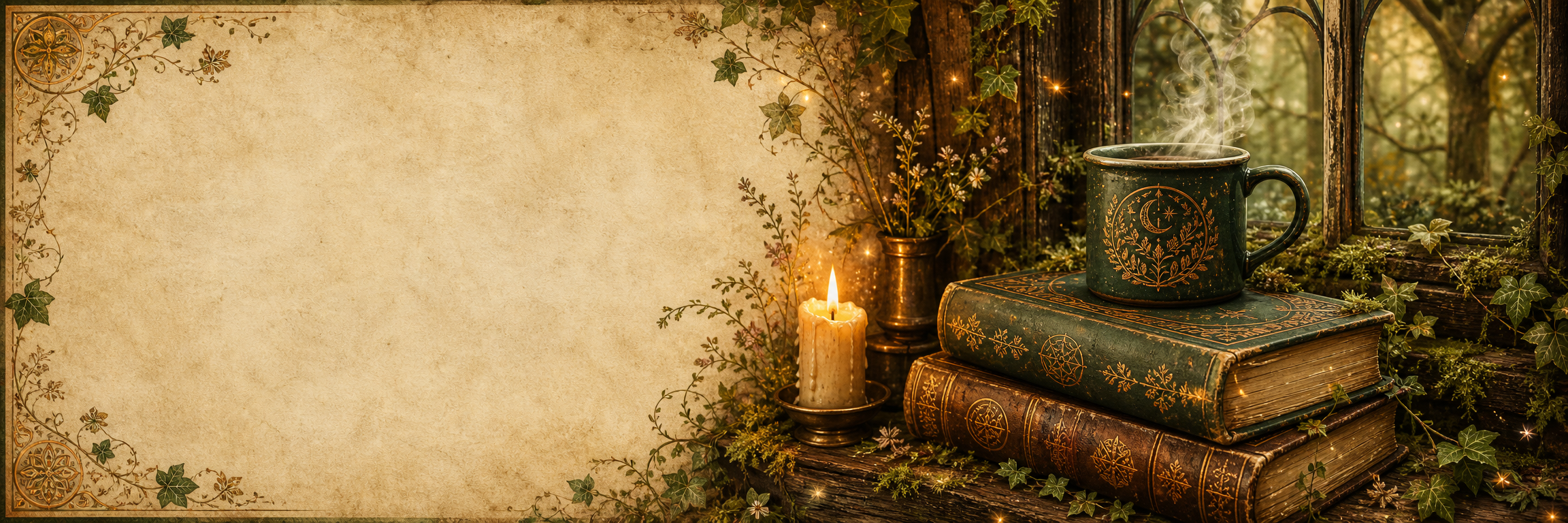 A steaming green mug resting on old books beside a woodland cottage window