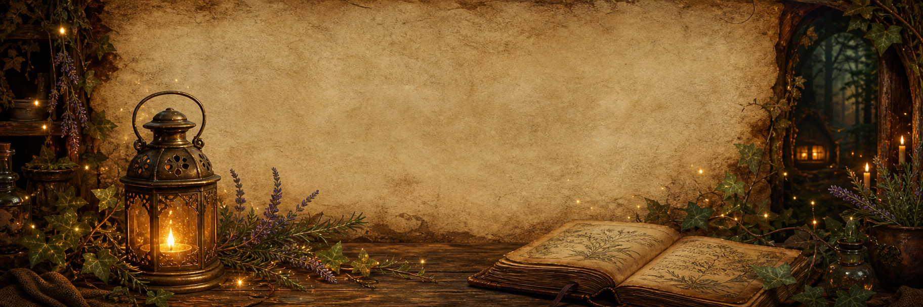 A glowing lantern beside herbs and an open grimoire in a woodland cottage