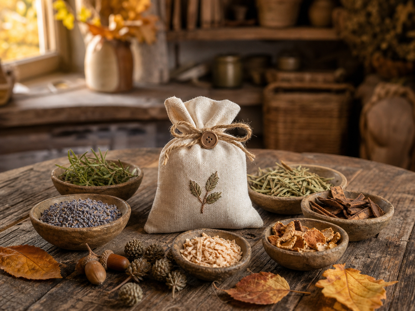 A rustic handmade scented woodland sachet on a wooden table surrounded by dried herbs and autumn ingredients.