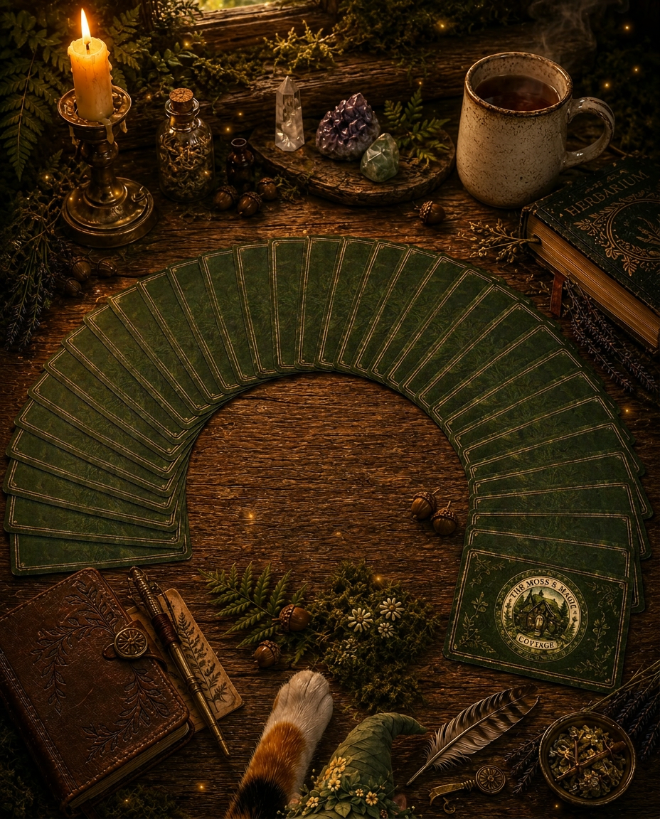 Thirty-eight Moss and Magic Cottage oracle cards fanned across a woodland table